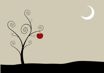 Tree with moon and apple.
