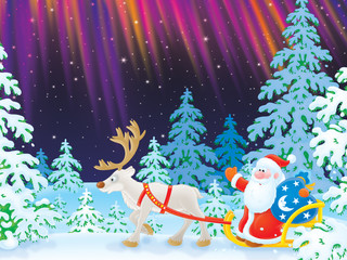 Santa drives in a sledge with reindeer