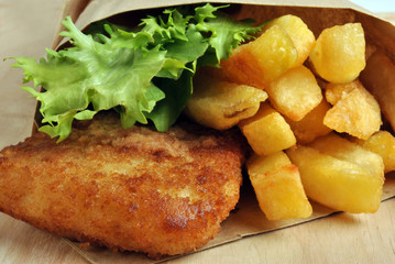 fish and chips with some organic salad