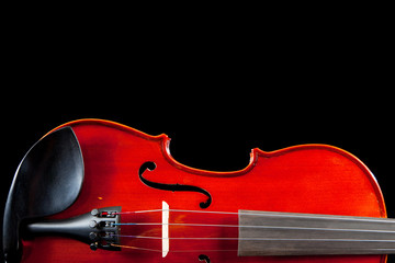 Partial view of a violin on black