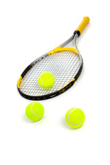 Tennis racket and balls on white