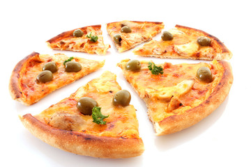 Tasty pizza with olives on white