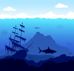 Obraz premium Dangerous underwater world with sharks and ship