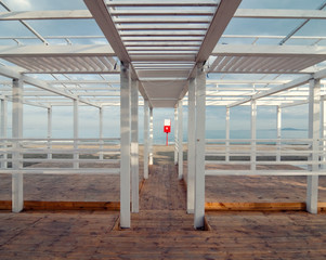 wooden structure of the beach restaurant in Winter