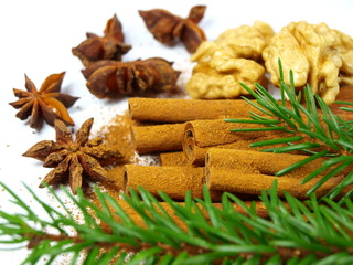 Star anise, walnuts and cinnamon