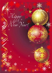New Year greeting card with decorated balls and snowflakes