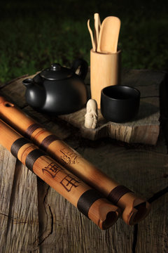 Traditional Japanese flutes and articles for tea ceremony
