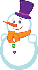 Snowman with a orange scarf and  violet hat