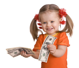 Child girl with money dollar banknote. Isolated.