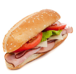 A ham sub sandwich on white