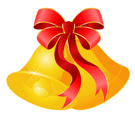 Bright Christmas bells with a red bow on a white background
