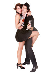 Couple man and girl with wine dance. Isolated.