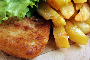 fish and chips with some organic salad