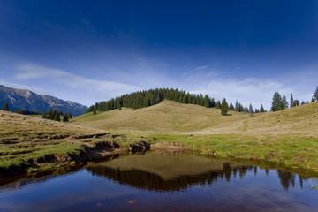 Autumn scenery in the mountains and lake reflection