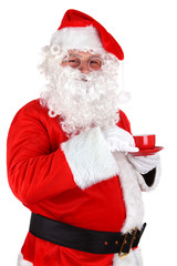 Santa Claus with coffee cup, Christmas Santa in traditional costume drink coffee on white background