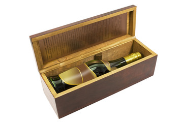 bottle with wooden box isolated on white background