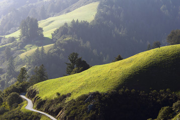 Winding country road and rolling green hills