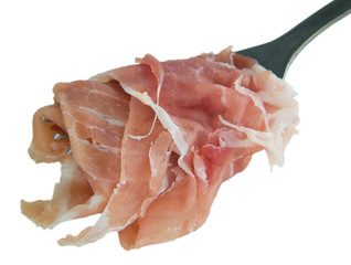 Raw ham on fork