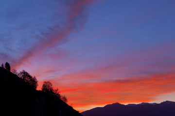 Beautiful red sunrise in the mountains
