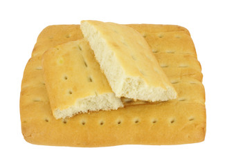 Focaccia flat bread with two broken pieces on top