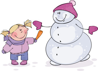 Little girl and snowman