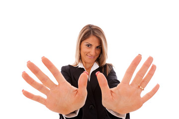 businesswoman showing her hands (isolated on white)