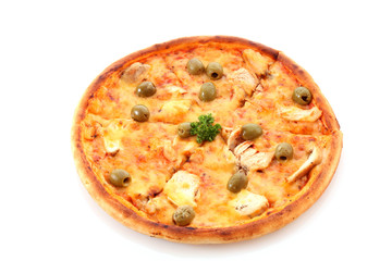 Tasty pizza with olives on white