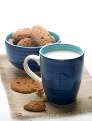 Bowl of cookies with mug of milk