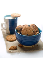 Bowl of cookies with mug of milk