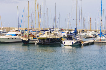Marina with docked boats in Lanzarote Island Spain