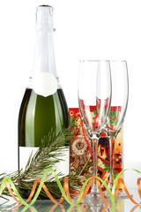 Bottle of champagne, two glasses and small gift