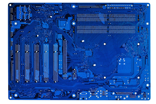 Blue electronic circuit close-up.