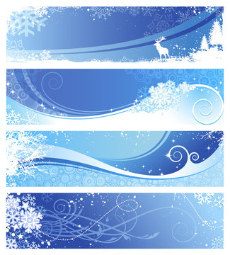 set of 4 blue winter banners with snowflakes and floral elements