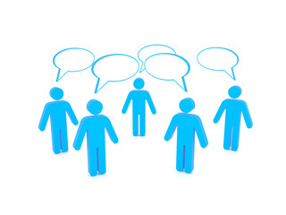 Five 3d humans with empty chat and idea bubbles