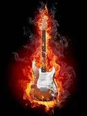 Papier Peint photo Lavable Flamme Guitare brûlante