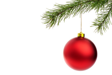 Red Christmas ball with fir branches isolated on white