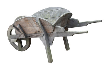 An Old Grey Vintage Wooden Gardening Wheelbarrow.