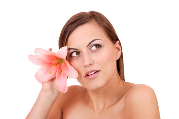 Beautiful woman with flower isolated on white