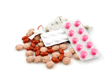 All kind of medicine over white background
