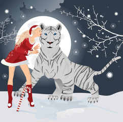 White Bengal tiger, symbol of new 2010 year with santa girl