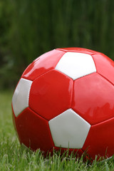 Plakat Red soccer ball on grass and green background