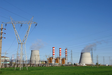 Power plant cooling towers emitting steam