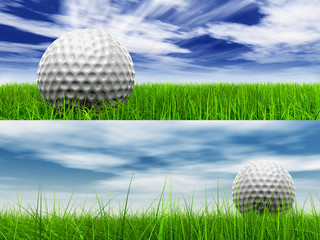 High resolution 3d white golf ball in green grass background