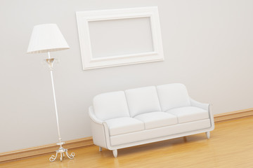 White couch with empty frame and standard lamp in clear minimali