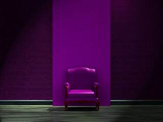 Alone purple chair near dark wall