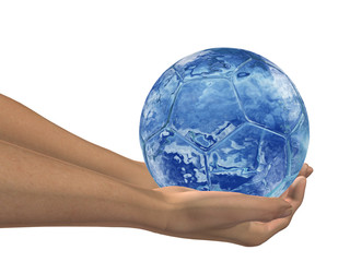 blue 3D soccer ball held in hands by an adult