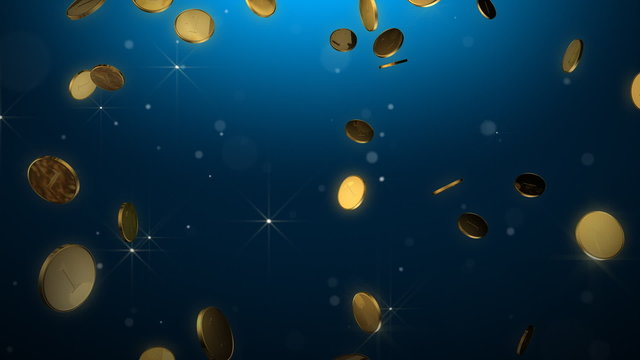 Falling shiny gold coins with glowing particles