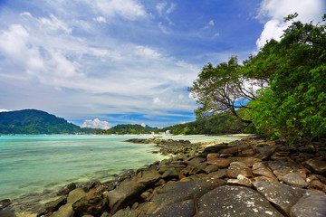 On the stones tropical beach.  Phi Phi island. Thailand