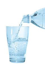 Water pouring from bottle into glass