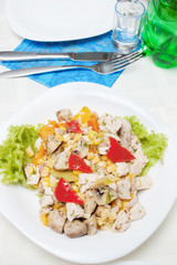 appetizer salad from chicken and mushrooms, selective focus